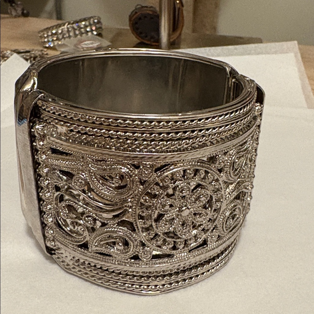 Amrita Singh wide cuff, hinged, filigree, bangle, silver tone